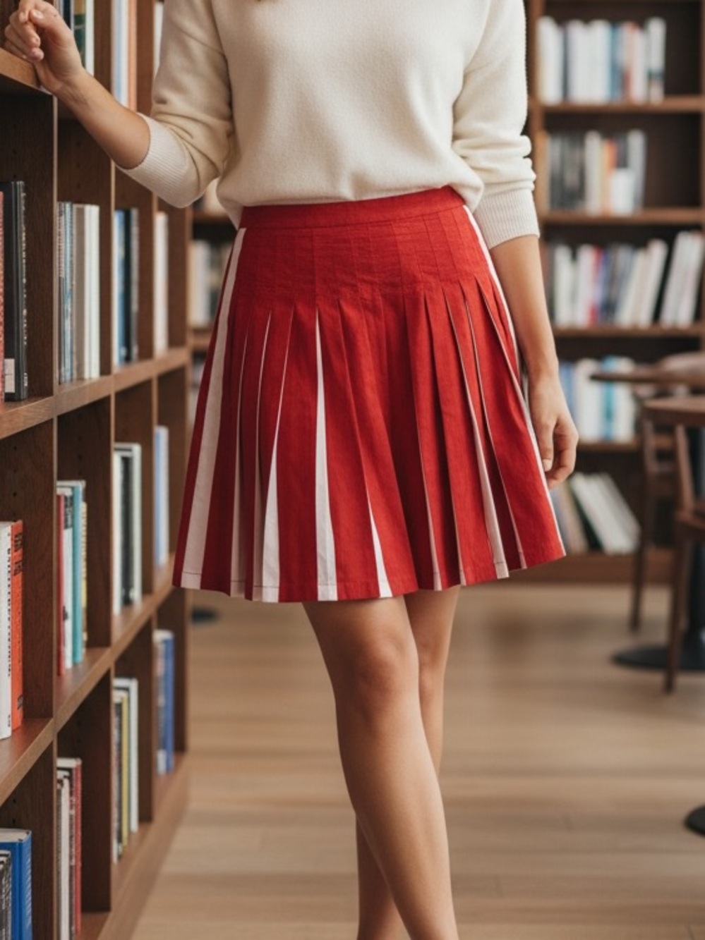 SAMANTHA SUNG Red Mini Pleated Skirt with White Inset Stripes 0